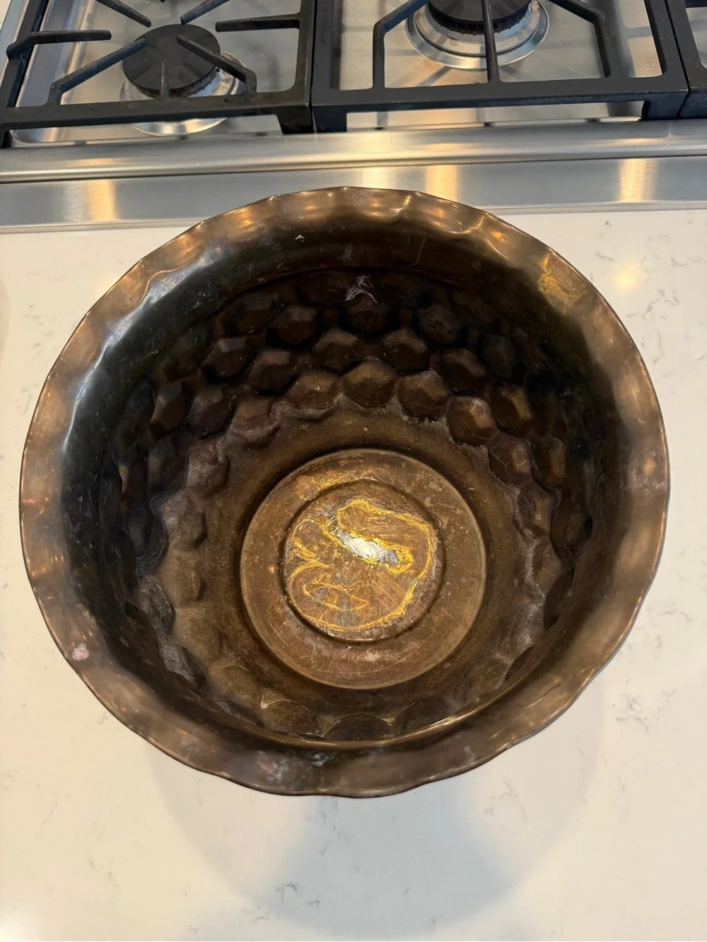 Vintage India Brass Planter Cachepot Hammered Honeycomb Scalloped Rim 10”